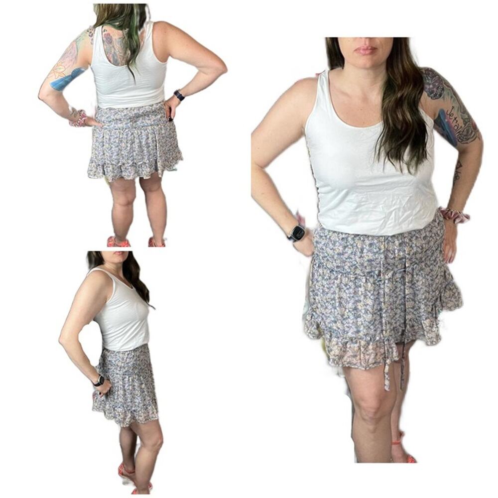 Sienna Sky blue peach yellow ruffled mini skirt with drawstring